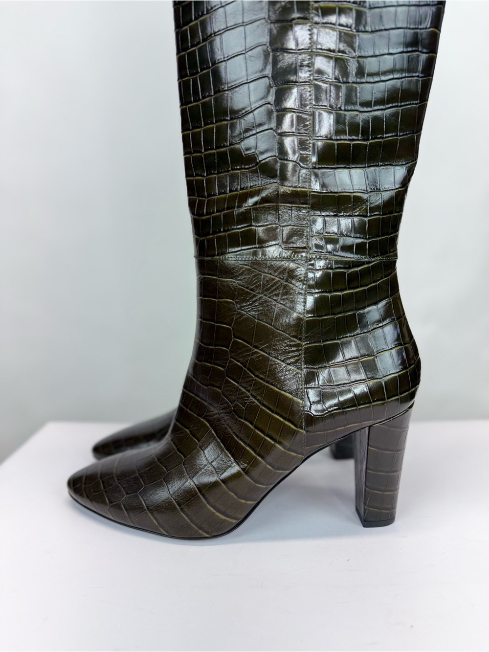 New Longchamp Croc Embossed Leather Knee High Boot Khaki Sz 10 - Picture 7 of 16